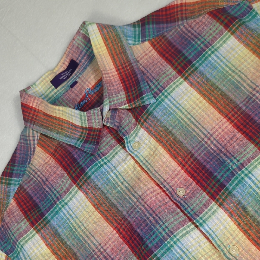 Alan Flusser Plaid Linen Short Sleeve Button-up Shirt Mens XXL